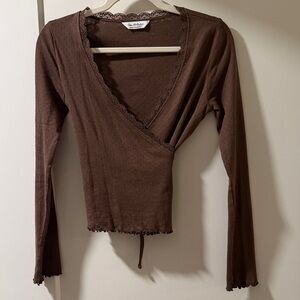 Miss Selfridge Brown Long Sleeve Wrap Top